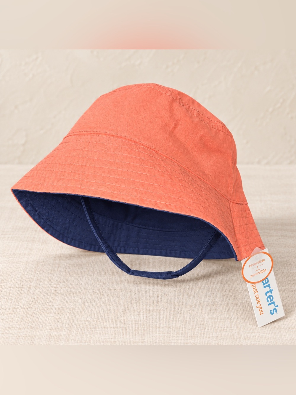 Carter’s Reversible Coral Orange Navy Bucket Sun Hat 12–18 Months NWT